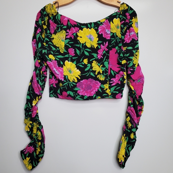 NWT ZARA Black Floral Printed Crop Top Long Sleeves Blouse Size Medium Ruched M - Picture 10 of 13